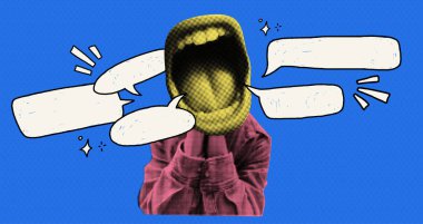 Retro karikatür kolajında bir ağız konuşma baloncuğuyla bağırıyor. Popart elementli pankart tasarımı. Pazarlama için son model Y2K vektörü