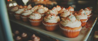 Kremalı krema ve canlı serpiştirilmiş mini kekler davetkar bir şekilde bir tepside oturur..