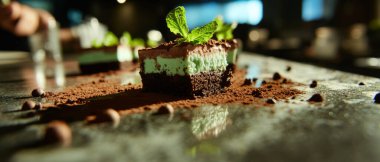 Zengin katmanlı naneli çikolatalı ve taze nane yaprağıyla süslenmiş bir tatlının tadını çıkar..