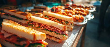 Kutlama için taze malzemelerle dolu lezzetli mini sandviçler sergileniyor..