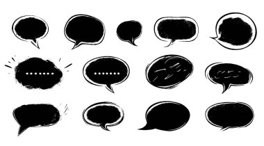 El çizimi konuşma balonu seti. Grunge vektör çizimi tebeşir, kömür ve suluboya dokularla. Çizgi roman tarzı diyaloglar ve soyut şekilli sohbet simgeleri