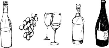 İçinde bir şarap şişesi, bir demet üzüm, iki şarap kadehi ve bir şarap şişesi bulunan el yapımı resimler. Tarzı baştan savma ve sanatsal, şarabın zarafetini vurguluyor.