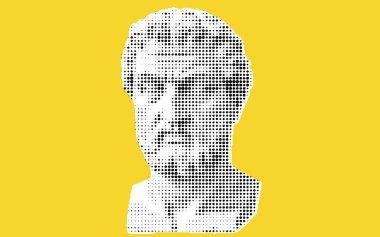 Parlak sarı bir arkaplana karşı klasik bir büstün stilize bir temsili, desenli, noktalı bir desen.