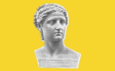 Klasik bir figürün stilize edilmiş büstü, parlak sarı bir arka planda nokta şeklinde yapılmış. Sanat eseri, geleneksel heykel ve modern grafik tasarım elementlerini birleştirir..