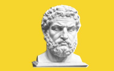 Klasik bir büstün stilize bir temsili, sakallı ve kıvırcık saçlı bir erkek figürü, parlak sarı bir arka planda yer alıyor..