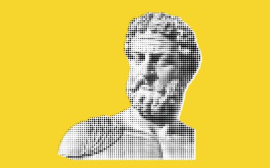 Parlak sarı bir arka planda klasik büst heykelinin stilize edilmiş bir tasviri, düşünceli bir ifadeyle sakallı bir figür..