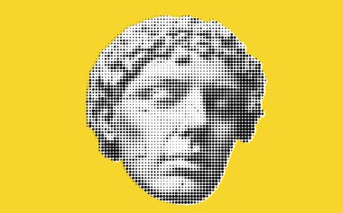 Parlak sarı arka planda noktalı bir desen kullanılarak yaratılmış klasik bir heykel kafasının stilize edilmiş bir tasviri..