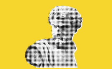 Klasik bir heykelin stilize edilmiş tasviri. Parlak sarı bir arka planda dokulu nokta desenli bir büstü var..