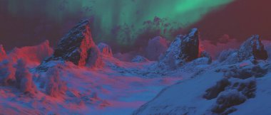 Renkli Aurora Borealis büyüleyici yeşil ve kırmızı ışıklarıyla karlı bir ormanı aydınlatıyor..