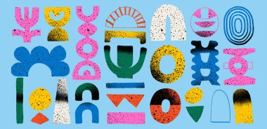 Grafik arkaplanlı tahıllı soyut şekiller. Modern retro vektör seti el yapımı karalamalar, boya darbeleri, bulutlar ve komik elementlerle