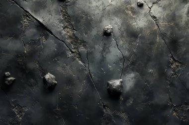 Derin, belirgin çatlaklar ve küçük gömülü nesnelerin yer aldığı üç boyutlu beton yüzeyin detaylı dokusu, kentsel ortamlarda görülen pürüzlülük ve doğal kusurları çağrıştırıyor..