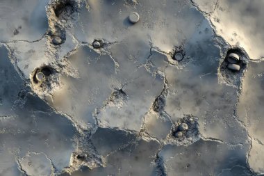 Beton yüzey derin çatlaklar ve çeşitli gömülü küçük nesneler içeriyor. Doğal elementlerin büyüleyici bir düzeninde engebeli bir doku ve karmaşık detaylar sergiliyor..