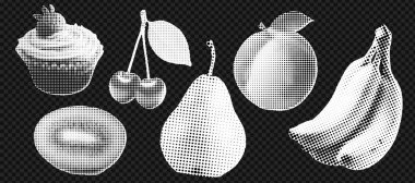 Yaratıcı tasarım ve pop sanatından ilham almak için yarım ton meyve ve kek kolajı. Vektör illüstrasyonu