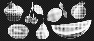 Popüler sanat tasarımları için yarım ton meyve ve kek kolajı. Vektör illüstrasyonu