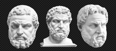 Antik Yunan filozofları kolajı sanatsal tasarımlar için yarım tonluk pop sanat tarzıyla basıyorlar. Vektör illüstrasyonu