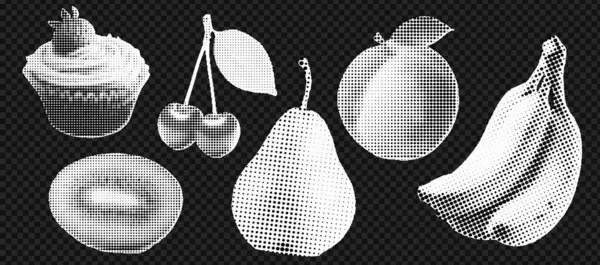 Yaratıcı tasarım ve pop sanatından ilham almak için yarım ton meyve ve kek kolajı. Vektör illüstrasyonu