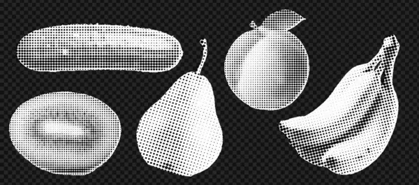 Modern pop sanat tasarımı için muz, portakal, armut, kivi ve salatalık içeren yarım tonlu meyve kolajı. Vektör illüstrasyonu