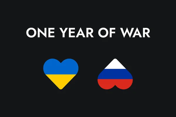 Poster with the phrase One year of war on a black background with a heart or love symbol in the blue and yellow colors of the flag of Ukraine and the symbol or shape of an ass in the colors of the