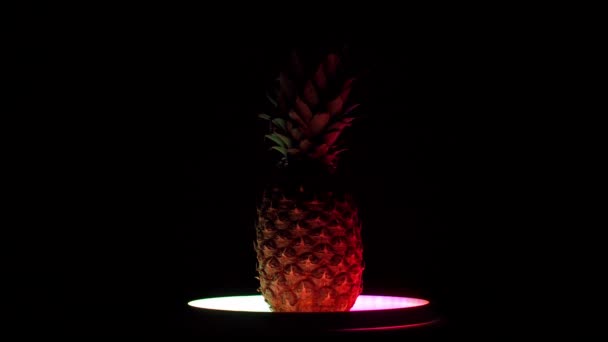 Ananas Flerfärgad Neon Blinkande Ljus Som Ett Disco Mörk Svart — Stockvideo