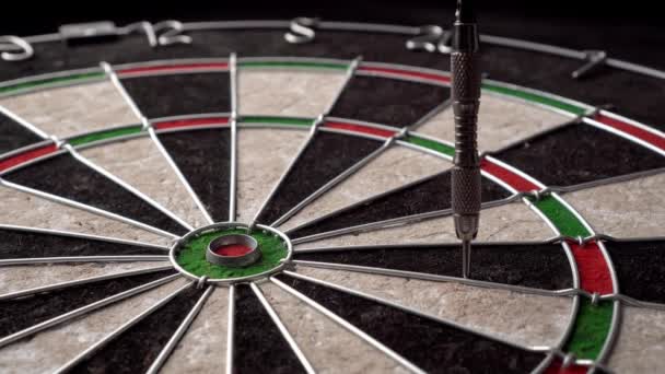 Three Darts Hit Dartboard Lucky One Darts Hits Bulls Eye — Stock Video