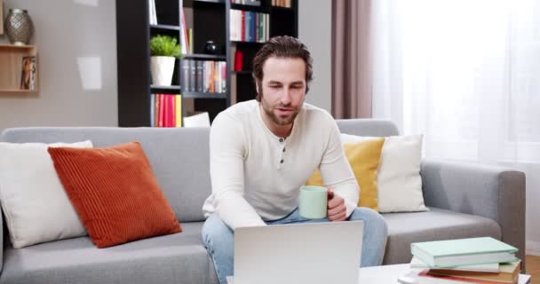 나가는 남자가 성공적 하루를 소파에서 쉬면서 노트북으로 온라인 작업을 마쳤다 — 비디오