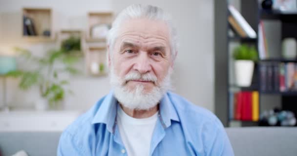 クローズアップ深刻な賢明な老人は表現 感情のないカメラを見て 部屋の考えでソファに座って自宅で灰色の髪とひげを持つ美しいシニア クローズアップ肖像画のコンセプト — ストック動画