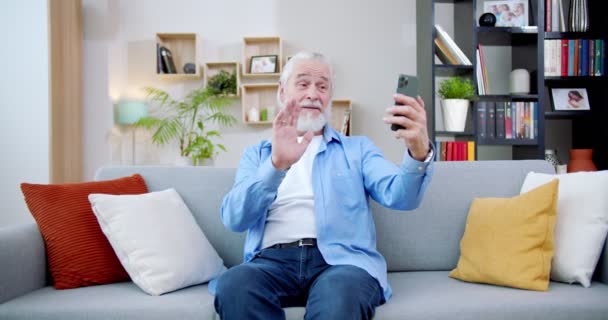 Χαρούμενος Χαρούμενος Γέρος Που Κάνει Βιντεοκλήση Καθισμένος Στον Καναπέ Χαρούμενος — Αρχείο Βίντεο