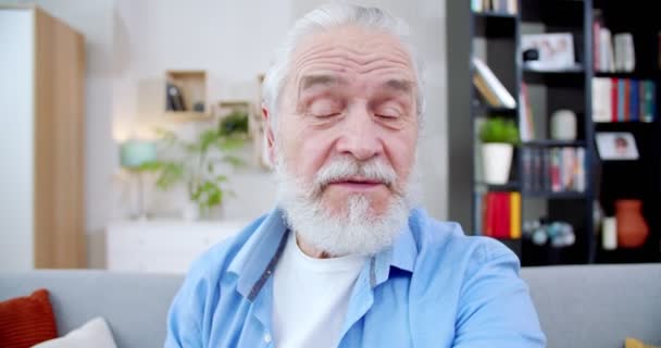 Красивый Пожилой Мужчина Сидящий Уютной Комнате Старый Привлекательный Мужчина Седыми — стоковое видео