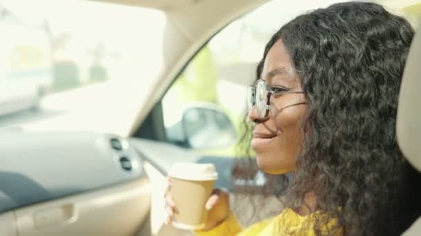 Back View Overjoyed Multiracial Woman Sitting Passenger Seat Car Drinking — Stock Video