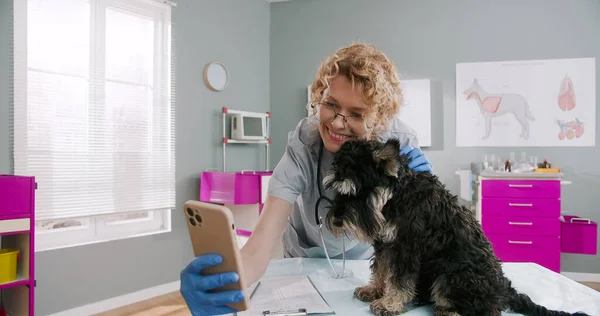 Woman veterinarian holding smartphone in her arms and making selfie with dog after successful examination at veterinary clinic. Concept of pets care, veterinary, healthy animals
