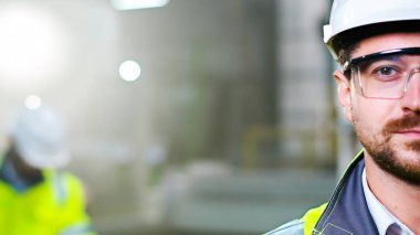 Beyaz miğferli ve gözlüklü mühendisin yarı yüzünü kameraya çevirin. Kapalı alanda. Fabrika iş konsepti. Bitki portresi gözlüklü erkek işçi. Üretim endüstrisi.