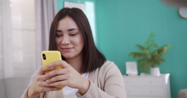 Woman Use Smart Phone Online Shopping Social Media Platform Sit — Stock Video