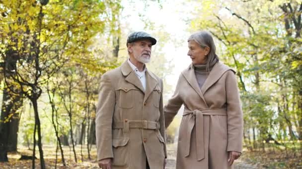 大人のエレガントな女性と古い灰色の髪の髭を生やした男性の素敵なカップルは 紅葉と秋に公園を歩いています 年上の夫と妻が一緒に過ごす時間を話しています 散歩のコンセプト — ストック動画