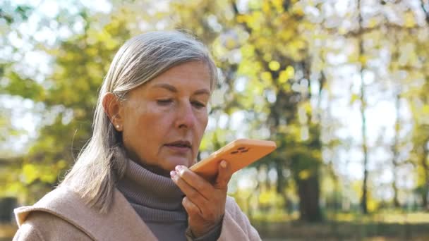 今年秋天 在公园里新鲜的空气中 通过智能手机传达语音信息 对成熟 有魅力 专注的女性进行了特写 浓密的灰发老年女性 — 图库视频影像