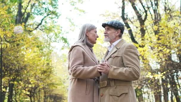 平静浪漫的一对 关心美丽灰白头发的妻子 和英俊优雅的丈夫跳舞 在秋天的公园里 一个成熟的 可爱的女人和一个穿着外套的大胡子男人聊天 — 图库视频影像