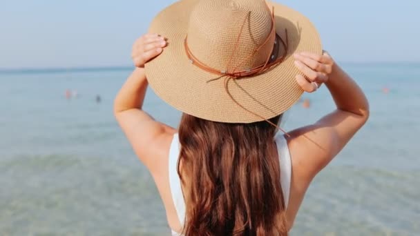 Вид Сзади Портрет Молодой Женщины Пляже Сидящей Наслаждаясь Летним Отдыхом — стоковое видео