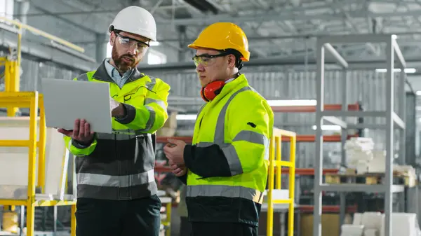 Stock image Male at construction site. Men discuss project and look at laptop. Two engineers in helmets and reflective vests. Employees actively communicate with each other in the workplace.