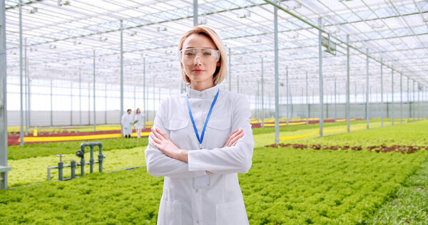Young female scientist in white lab coat standing with crossed arms during research of organic vegetable plots. Caucasian woman examining growth of healthy food while working at hydroponic farm.