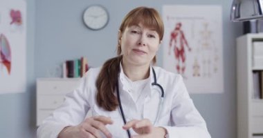 Beyaz cüppeli, masasında steteskobu olan beyaz bir doktor ofisinde kamerayla konuşuyor. Çevrimiçi sağlık kuralları öğreten güzel bir kadın doktor blogcu. Tıbbi video günlüğü kavramı