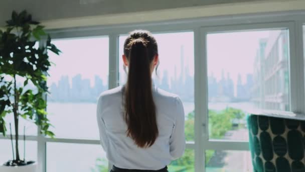Rückansicht Einer Erfolgreichen Jungen Kaukasischen Geschäftsfrau Die Sich Einem Fenster — Stockvideo