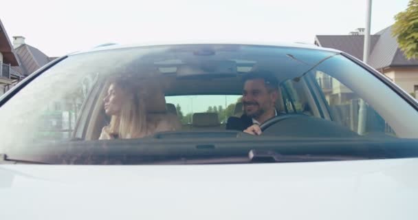 Look Beautiful Young Couple Sitting Front Passenger Seats Chatting Each — Stock Video