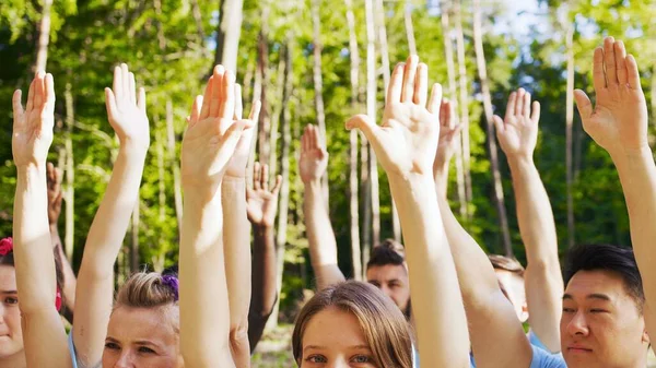 Multicultural volunteering organization concerned about natural environment pollution. The cheerful volunteers, friends putting their hands up to the sky. Wellness, nature protection concept