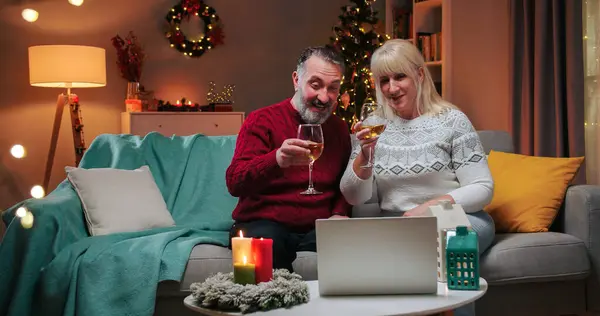 Joyful Caucasian family middle-aged man and woman drinking wine and clinking glasses while speaking on video call on laptop celebrating New Year while sitting in decorated room in evening. Xmas mood