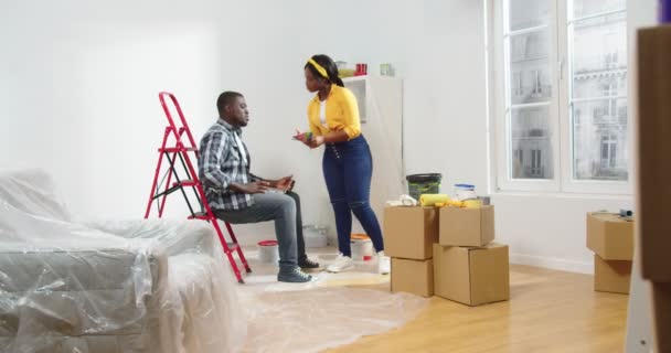 Graziosa Coppia Famiglie Afro Americane Trasferita Nuovo Appartamento Con Gatto — Video Stock