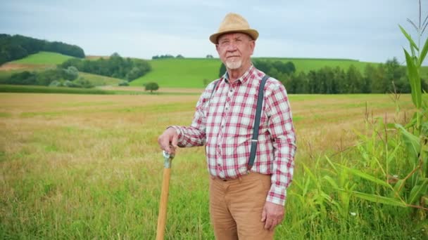 Portrait Serious Caucasian Male Farmer Standing Shovel Looking Camera Agricultural — Stock Video