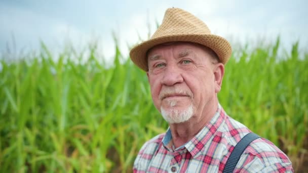 Porträt Eines Ernsthaften Kaukasischen Bauern Mit Hut Blickt Die Kamera — Stockvideo