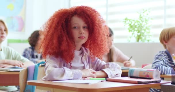 Portrait Une Jolie Écolière Avec Une Coiffure Bouclée Rouge Assise — Video