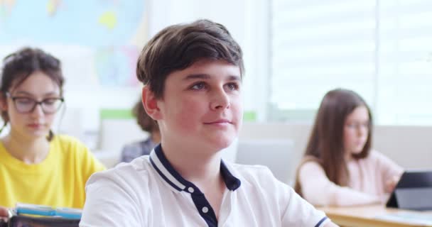 Portrait Nice Happy Caucasian Teen Clever Schoolboy Sitting Desk Classroom — Stock Video