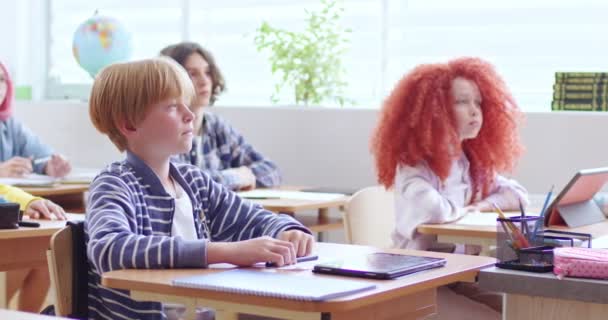 Porträt Eines Netten Kleinen Schlauen Teenagers Der Schreibtisch Klassenzimmer Sitzt — Stockvideo