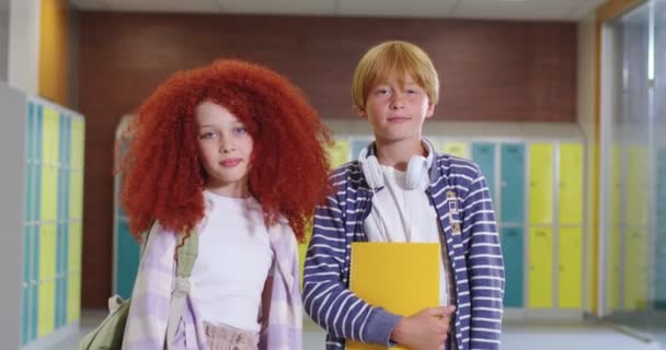 Portrait Shot Cute Caucasian Happy Kids Schoolboy Schoolgirl Standing School — Stock Video